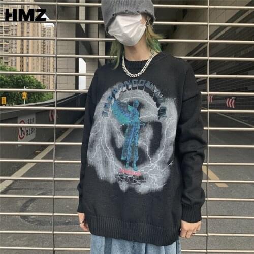 HMZ 2021 Men Streetwear Hip Hop Knitted Sweater Harajuku Sweater Jumper Casual Pullover Sweater Black Autumn Knit Pullover Men