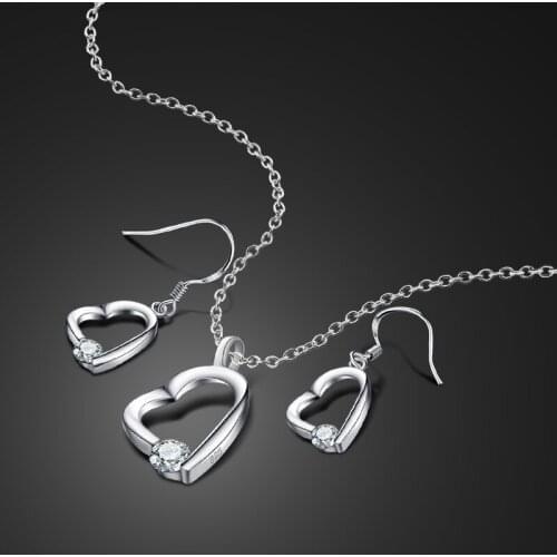 New sterling silver heart-shaped silver jewelry set female models solid silver clavicle necklace zircon inlaid pendant earrings