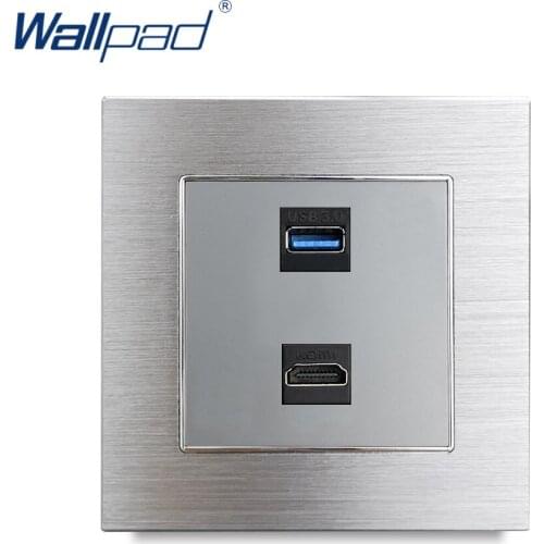 Silver HDMI USB 3.0 Data Transmission Socket Wallpad Wall AL Satin Metal Panel HDMI 3.0 USB Data Sharing Wall Sockets