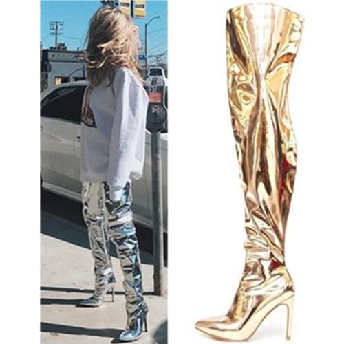 Sexy Pointed Toe Thigh High Boots For Women Patent Leather Over The Knee Booties Stiletto Heels Pumps Gold Silver Long Booties