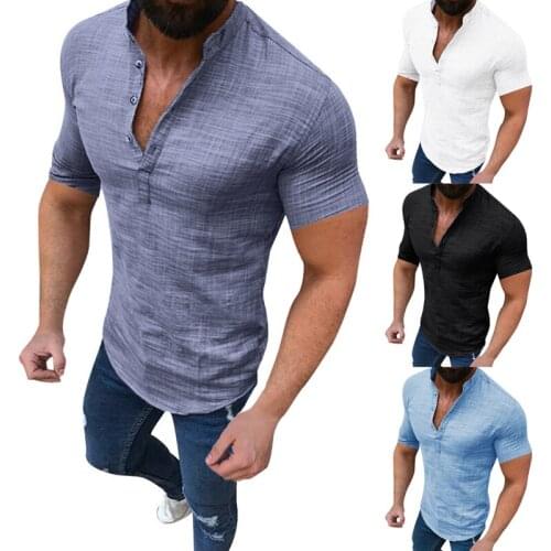 Cotton Linen Casual Loose MenS T-Shirt Summer Shirts Tops Short Sleeve Tee Ovesized Solid Button T Shirt For Men Wholesale New