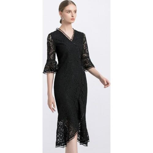 S-XXL Plus Size Black Lace Dress Summer 2020 Ruffle Sleeve Corset Midi Vintage Dress Woman Ruffles Wrap Sheer Sundresses Women