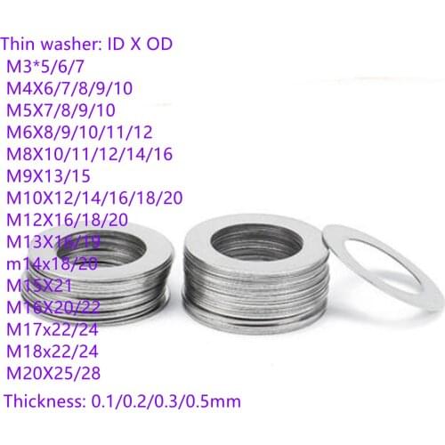 100pcs Stainless steel Flat Washer Ultra thin gasket Ultra-thin shim M3 M4 M5 Thickness 0.1 0.2 0.3 0.5 1