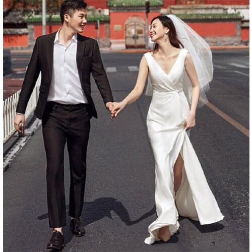 Sweep Train Sheath Slit Wedding Dress 2021 Korean Soft Satin Sexy V Neck Sleeveless Bridal Gowns vestidos de mairee Wedding