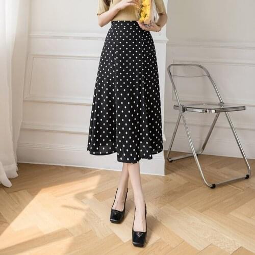 Retro Polka Dot Print High Waist Mid-length Skirt Women 2021 Summer A-line Casual Long Skirt Office Lady Elegant Skirt