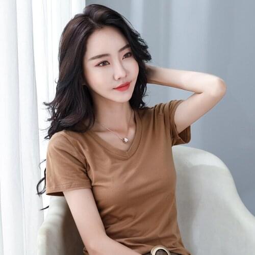 2021 women Solid color basic cotton T shirt short sleeve V neck tees ladies casual tee shirt top Oversize woman tshirts