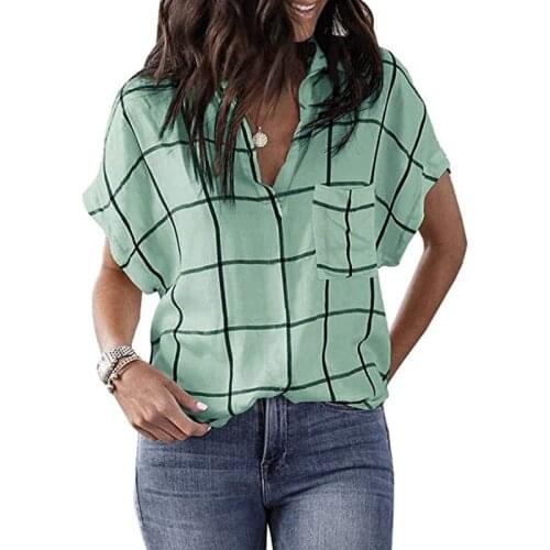 Spring Summer New Womens Wear Plaid Print Pocket V-neck Short-sleeved Shirt