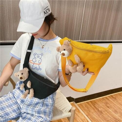 Canvas Ladies Cartoon Cute Chest Bag Fanny Pack Shoulder Messenger Belt Bag Bear Doll Decoration Waist Bag