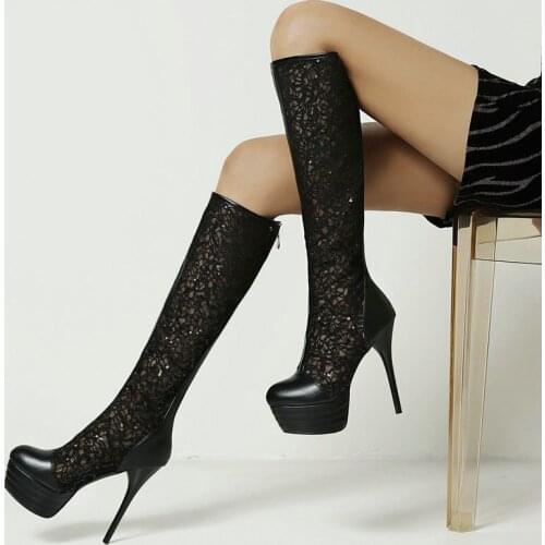 Spring Autumn Fashion Mesh Sexy Stiletto High Heel Womens Knee Length Boots Platform Ladies Zipper Round Toe Boots