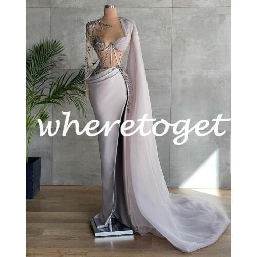 Cheap Silver Satin Formal Evening Dresses 2021 Sexy Beaded Top Vestidos De Novia Plus Size Arabic Women Prom Gowns