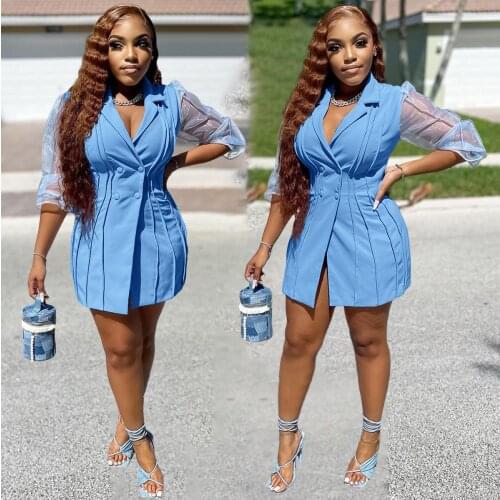 Ladies Autumn Suit Dress Fashion Office Ladies Mesh Puff Sleeve Stitching Suit Mini Dress Women