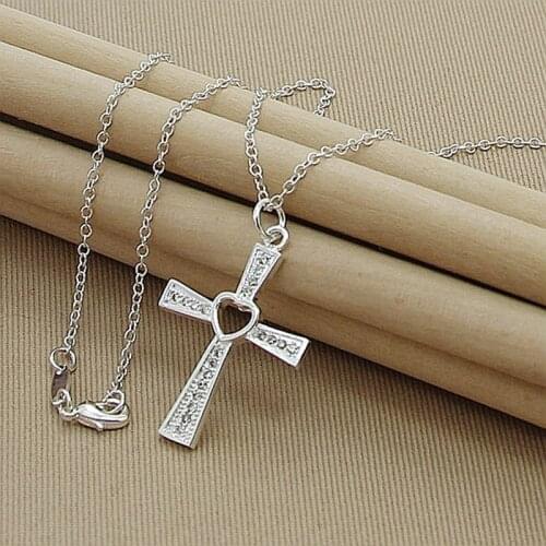 Wholesale Price 925 Sterling Silver Heart Cross Clear CZ Pendant Necklace For Women Birthday Gifts