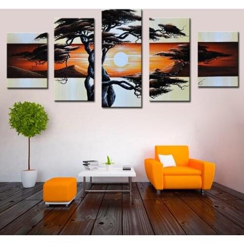 100% Hand Painted Landscape Oil Painting Sunrise Canvas Painting 5 Panel Combination Art Print Home Decor Wall Pictures Unframed