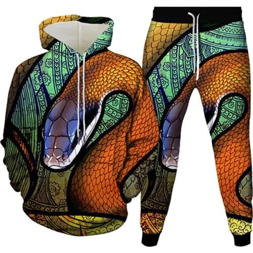 Hoodie+Trousers 2PcSet Sportwear Horror Animal Snake 3D Print Men Women Hollween Clothing Tracksuit Casual Suit Plus Size S-6XL