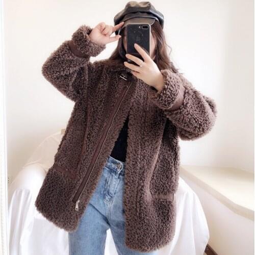 2020 New Winter Coat Particle Sheep Shearling Jacket Womens Lamb Fleece Wool Overcoat One Piece Of Fur Outerwear Female