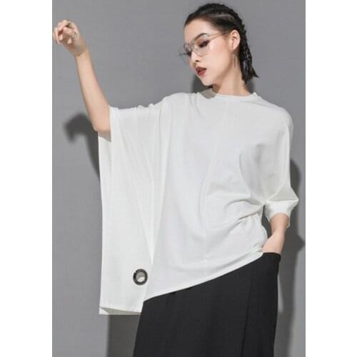 2021Casual Women Tees Tops Black Cotton Long Sleeved Spring Autumn T-Shirt Loose O-Neck 3/4 sleeve Fashion Irregular Blouse