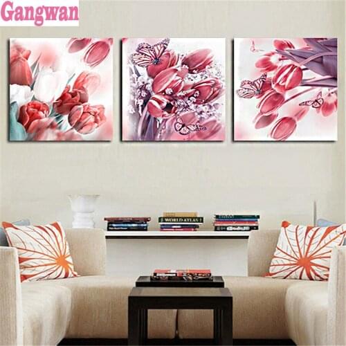 3 pcs 5D Diamond Painting pink Tulip butterfly flower full cross stitch mosaic diamond Embroidery Rhinestone square round drill