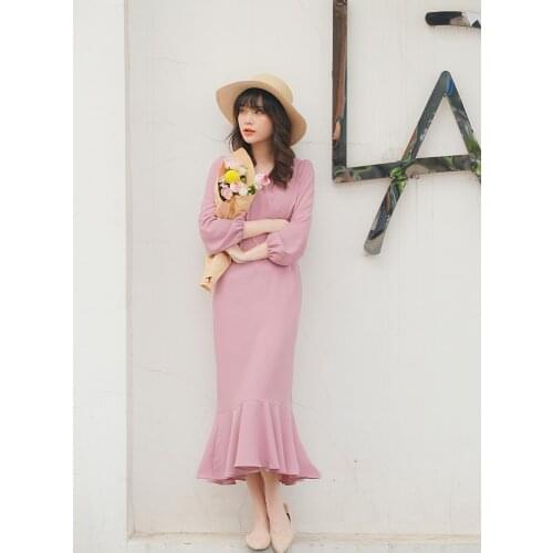 Elegant Temperament Fishtail Dress Slim-Fit Chiffon Long-Sleeved Hip Dress for Early Autumn V-neck Pink Mermaid Dress