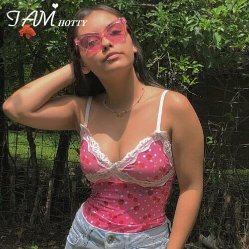 IAMHOTTY Cherry Printed Patchwork Lace Harajuku Crop Top Women Sleeveless Cute Vintage Gym Streetwear Femme Elegant Tops Summer