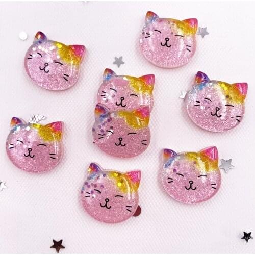 New Resin Kawaii Glitter Colorful Pink Cats Flatback Rhinestone 10PCS Scrapbook Figurine DIY Decor Home Crafts OG854