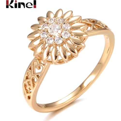 Kinel Fine Jewelry Natural Zircon Crystal Flower Rings for Women 585 Rose Gold Fine Hollow Ethnic Wedding Ring Vintage Jewelry