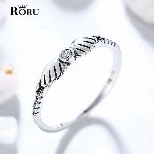 Authentic S925 Sterling Silver Fine Finger Rings Retro Angel Wings Stackable with Shiny Zirconia for Women 2021 Jewelry Gifts