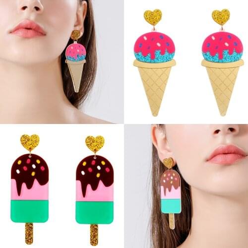Fashion Ice Cream Cone Love Heart Acrylic Drop Earrings for Women Girls Trendy Glitter Powder Candy Color Food Dangle Earrings