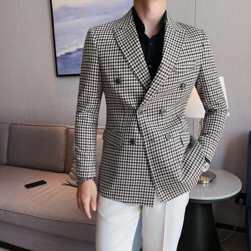 2021Fashion Brand Blazers Men Smart Casual Suit Lattice Pattern Korean Version Plaid Male Slim Fit double-breasted Blazers S-3XL