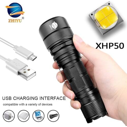 ZHIYU Powerful LED Flashlight with XHP50 Lamp Bead Zoomable 5 Lighting Modes LED Torch Support Micro USB Charging Hunting Lamp