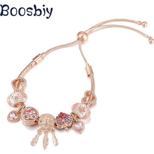 New Design Rose Gold Snake Chain Charm Bracelet DIY Heart Dreamcatcher For Women Fashion Adjustable Bracelet Jewelry Gift