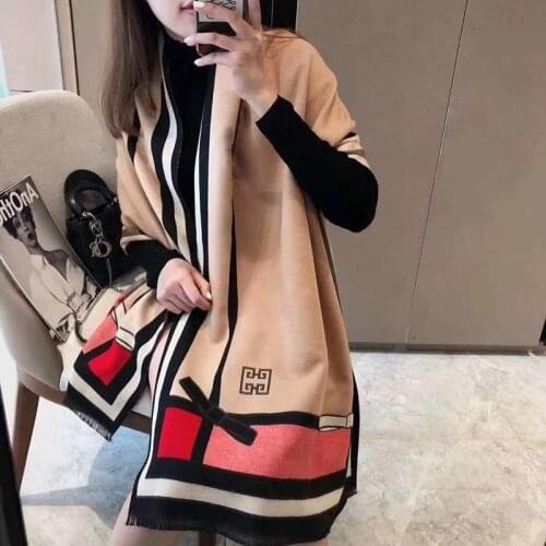 Autumn and winter ladies warm thick cashmere scarf Elegant bow print long shawl Pashmina