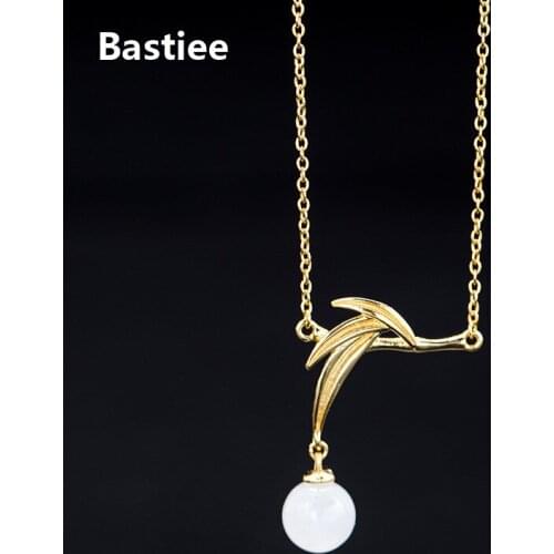 Bastiee Bamboo Necklace Pendant Jade Silver 925 Jewelry For Women Link Chain Chinese Vintage Gold Plated