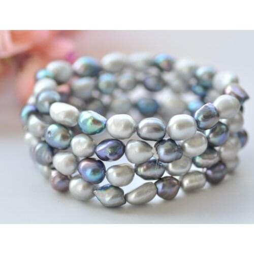P7237 Wholesale Stretch 8" 11mm Gray Black White Baroque Pearl Bracelet 5Pcs