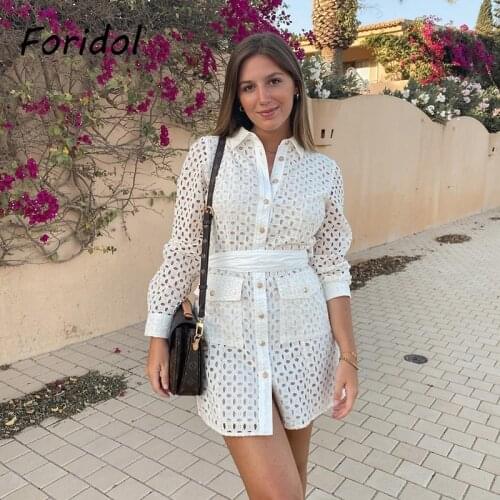 Foridol White Lace Long Sleeve Dress Women Hollow Out Belt Shirt Dress Autumn Winter Party Button Up Elegant Office Ladies Dress