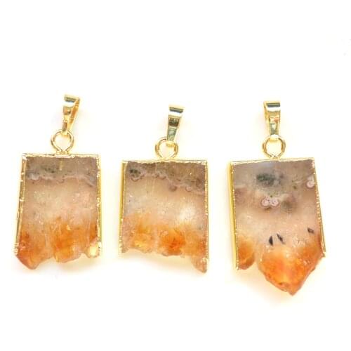 Yellow agates slice pendants with gold electroplated ,yellow crystral quartz charms