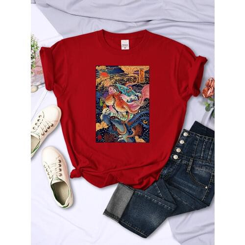 Rlon Wang Japanese Casual Ukiyoe Print Womens Tee Shirts Round Neck Clothing Fashion Style T shirt Plus Size Womens T-shirts