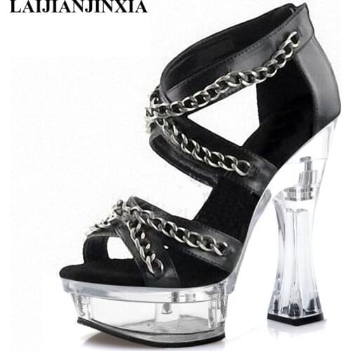 Thick Platform Hollow Metal Chain Roman Womens Sandals 14 Cm Super High Heeled Shoes Spool Heels Novelty Cross Dressing Shoes