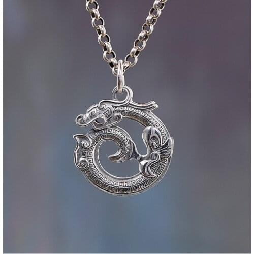 S925 Sterling Silver, Old Carved Blue Dragon Pendant, Fashion Retro Men And Women Can Wear Jewelry