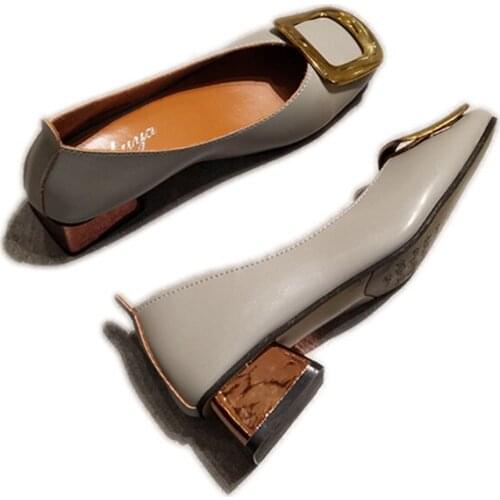 Thick-heeled Single Shoes Womens Shallow Mouth Low-heeled Retro Grandma Shoes Square Buckle Soft Leather Square Toe High Heels