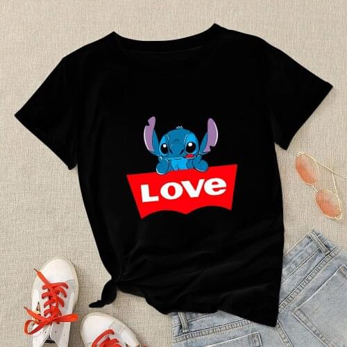 Disney Stitch Cartoon Pink Womens Tee shirt France Fashion Popular Aesthetic Love Shirt Oversized T-shirts Femme Happy Casual