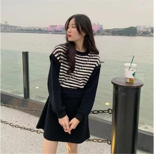 Vintage Knitting Women Black White Striped Mini Dress 2021 Spring Autumn Ladies Fake 2 Pieces Sweater A-Line Dresses Female