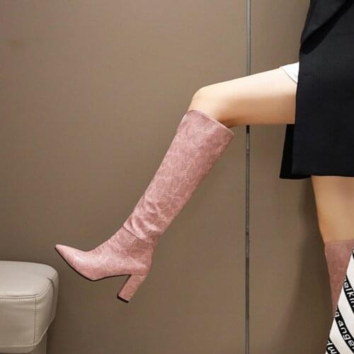 2021 Snake Print Leather Block Heels Knee High Boots Women Pointed Toe Western Long Boots Autumn Winter Black Brown Beige Boots