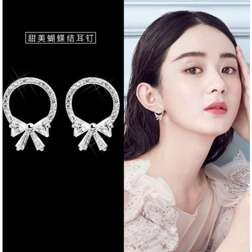 2018 New Design 925 Sterling Silver Crystal Round Bowknot Stud Earrings For Women Free Shipping Brincos
