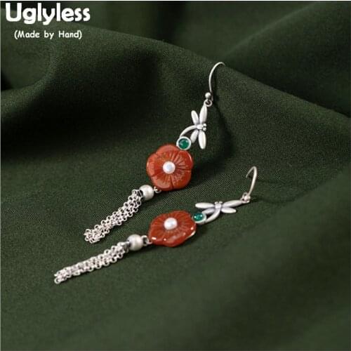 Uglyless Real 925 Silver Chains Tassel Earrings Women Ethnic Jewelry Agate Plum Blossom Earrings Silver Dragonfly Brincos E1803