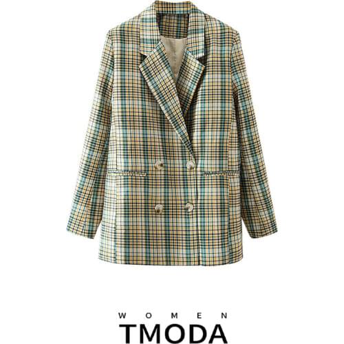 TMODA344 Blazer Women 2021 Fashion Check Office Wear Double Breasted Blazer Coat Vintage Long Sleeve Female Outerwear Chic Top