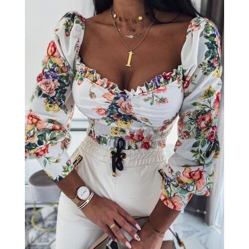 Women Sexy Crop Top Autumn Elegant Long Puff Sleeve T Shirt Square Neck Ruffle Trim Floral Print Shirt Tops Clothing For Women