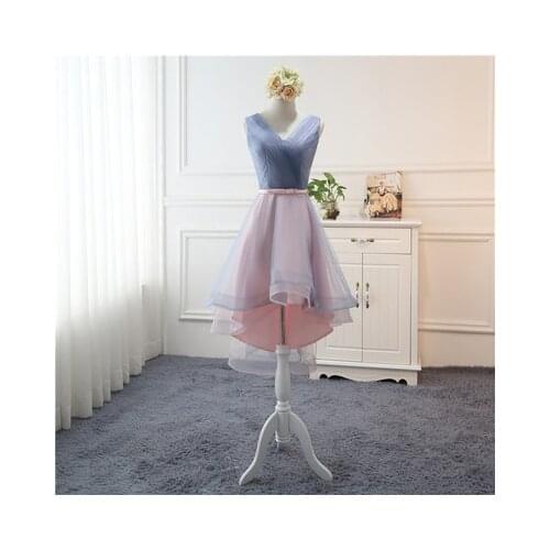 Beauty-Emily Tulle Pink Bridesmaid Dresses 2020 Short V-neck Lace Wedding Party Gown Formal Dress Robe De Soiree