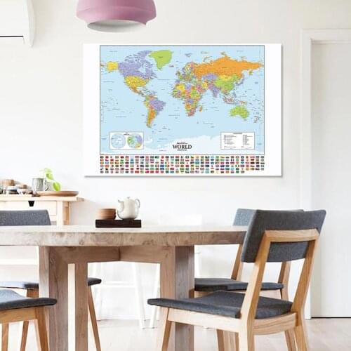 150*100cm Detailed Political Map of The World with National Flags Vinyl Canvas Painting Wall Poster Home Decor School Supplies