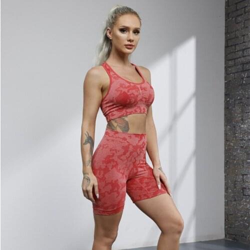 2PCS Seamless Sport Set Women Sport Bra Shorts Suit Crop Camouflage High Waist Tights Suit Yoga Fitness Workout Gym Tracksuit
