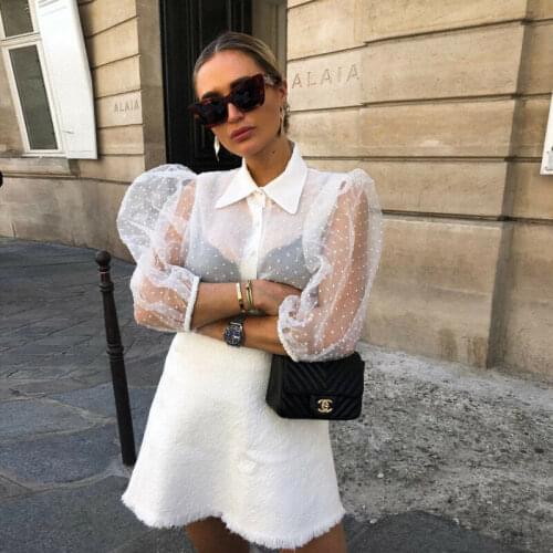 2019 Women Girls Mesh Sheer Top Puff Long Sleeve Transparent Shirt Blouse Tee See Through Tops